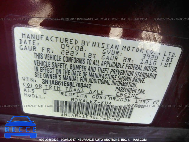 2008 Nissan Sentra 3N1AB61E98L760442 image 8