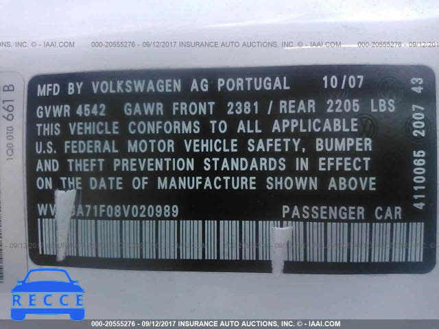 2008 VOLKSWAGEN EOS TURBO/KOMFORT WVWBA71F08V020989 image 8
