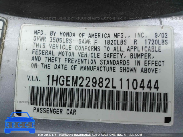 2002 Honda Civic 1HGEM22982L110444 image 8
