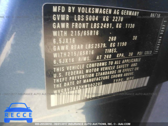 2017 VOLKSWAGEN TIGUAN S/LIMITED WVGBV7AX2HW502205 image 8