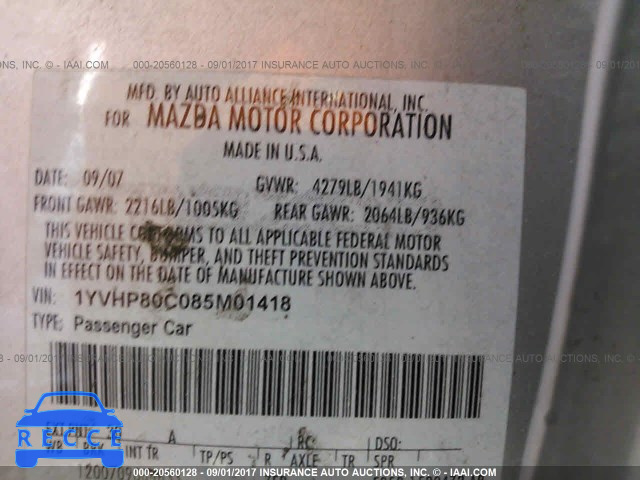 2008 Mazda 6 1YVHP80C085M01418 image 8
