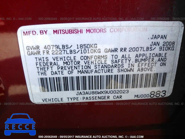 2009 Mitsubishi Lancer JA3AU86WX9U002023 image 8