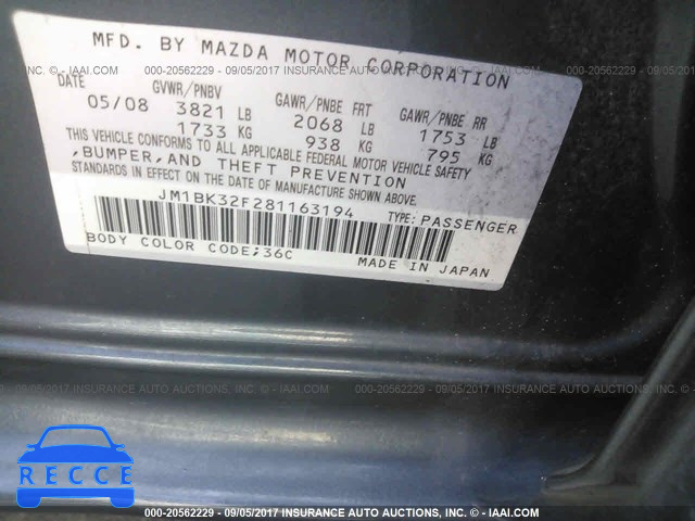 2008 Mazda 3 JM1BK32F281163194 Bild 8