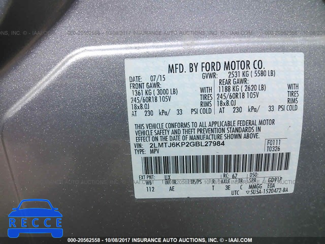 2016 Lincoln MKX SELECT 2LMTJ6KP2GBL27984 Bild 8