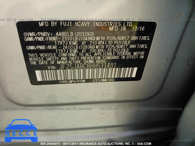 2017 SUBARU FORESTER 2.5I JF2SJABC8HH531481 image 8