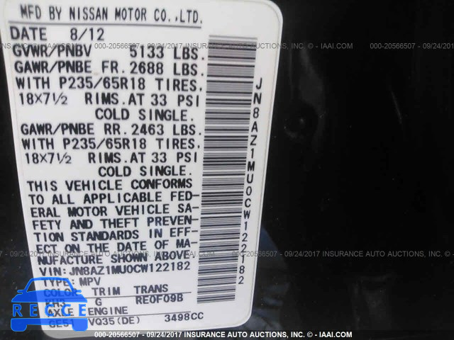 2012 NISSAN MURANO JN8AZ1MU0CW122182 Bild 8