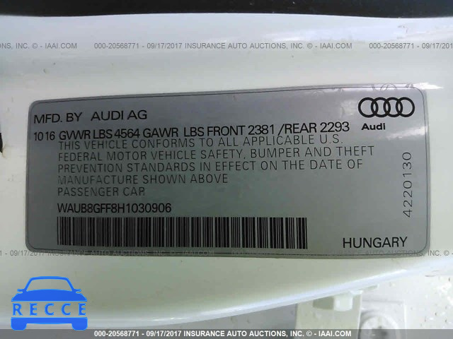 2017 AUDI A3 PREMIUM WAUB8GFF8H1030906 image 8