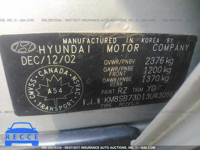 2003 Hyundai Santa Fe KM8SB73D13U430865 image 8