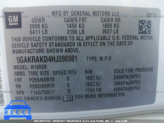 2017 BUICK ENCLAVE 5GAKRAKD4HJ286981 image 8