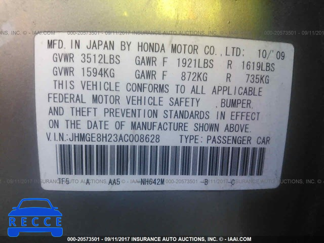 2010 Honda FIT JHMGE8H23AC008628 зображення 8