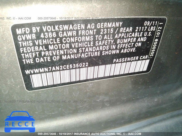 2012 Volkswagen CC SPORT/R-LINE WVWMN7AN2CE535022 Bild 8