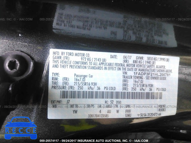 2017 FORD FOCUS 1FADP3F21HL266781 image 8