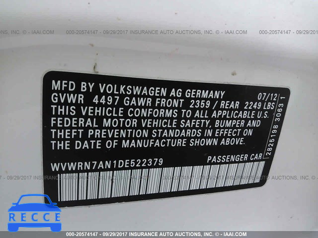 2013 Volkswagen CC LUXURY WVWRN7AN1DE522379 Bild 8