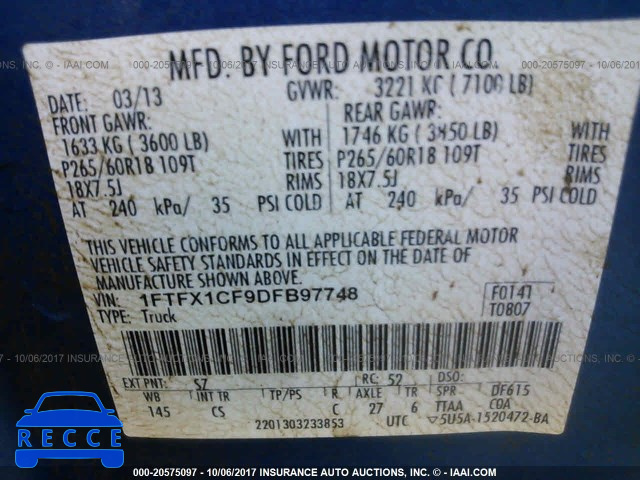 2013 Ford F150 SUPER CAB 1FTFX1CF9DFB97748 зображення 8