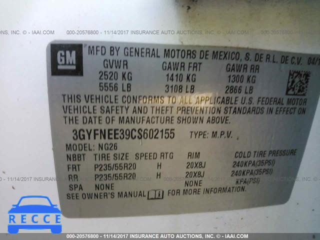 2012 Cadillac SRX PERFORMANCE COLLECTION 3GYFNEE39CS602155 image 8
