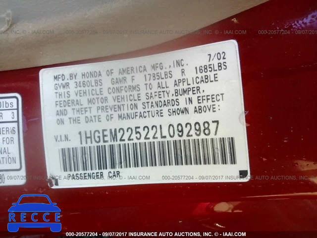 2002 Honda Civic 1HGEM22522L092987 image 8