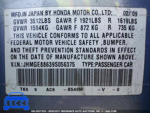 2009 Honda FIT JHMGE88639S056375 image 8