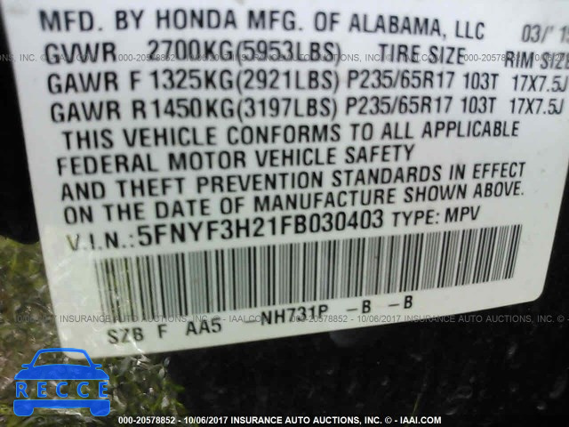 2015 Honda Pilot LX 5FNYF3H21FB030403 Bild 8