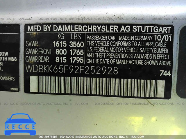 2002 Mercedes-benz SLK WDBKK65F92F252928 image 8