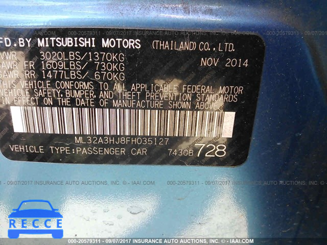 2015 Mitsubishi Mirage ML32A3HJ8FH035127 зображення 8