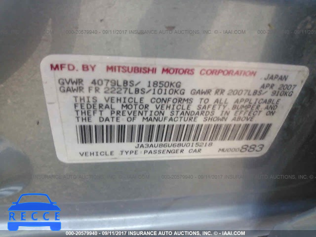 2008 Mitsubishi Lancer JA3AU86U68U015218 Bild 8