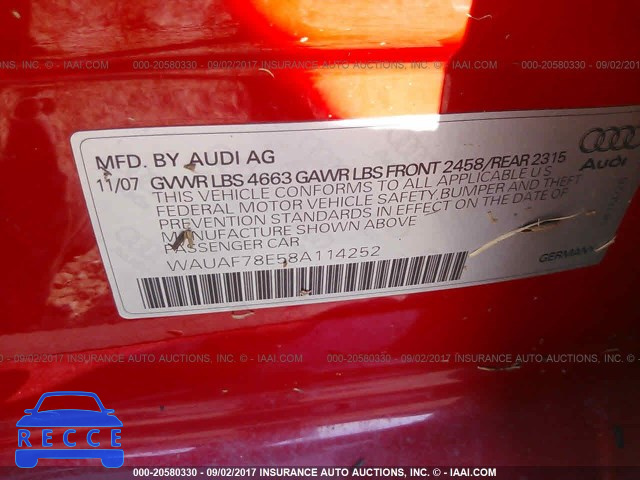2008 Audi A4 WAUAF78E58A114252 зображення 8