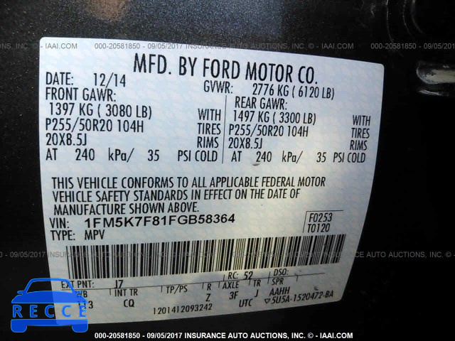2015 Ford Explorer 1FM5K7F81FGB58364 зображення 8