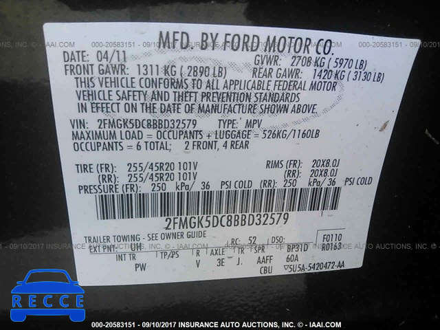 2011 Ford Flex LIMITED 2FMGK5DC8BBD32579 image 8