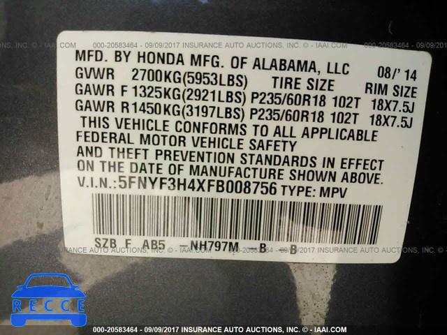 2015 Honda Pilot 5FNYF3H4XFB008756 image 8