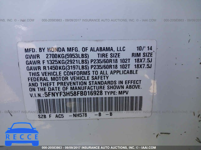 2015 Honda Pilot EXL 5FNYF3H58FB016928 image 8