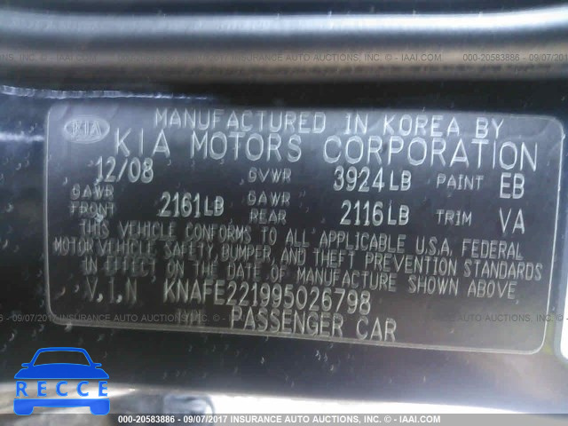 2009 KIA SPECTRA EX/LX/SX KNAFE221995026798 image 8