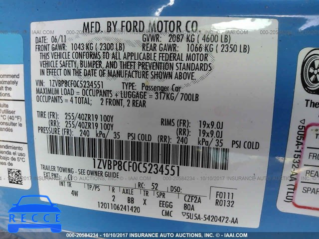 2012 Ford Mustang 1ZVBP8CF0C5234551 Bild 8