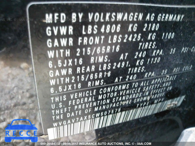 2012 Volkswagen Tiguan WVGAV7AX5CW507578 зображення 8