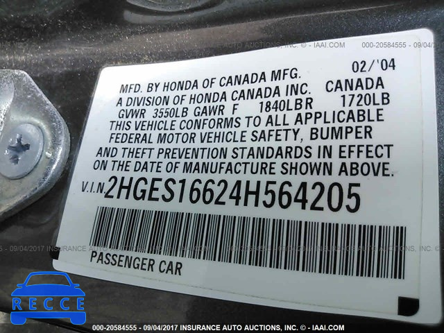 2004 Honda Civic 2HGES16624H564205 image 8