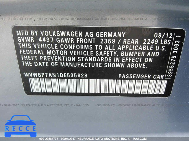 2013 Volkswagen CC WVWBP7AN1DE535628 image 8