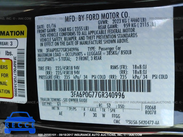 2016 Ford Fusion 3FA6P0G77GR340996 image 8