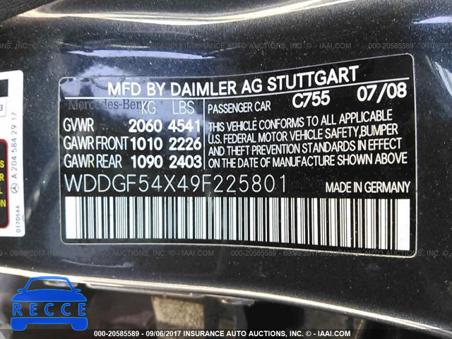 2009 Mercedes-benz C WDDGF54X49F225801 зображення 8