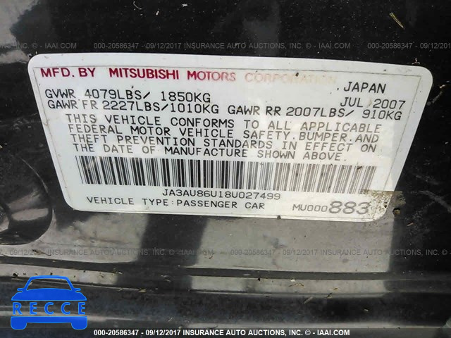 2008 Mitsubishi Lancer JA3AU86U18U027499 зображення 8