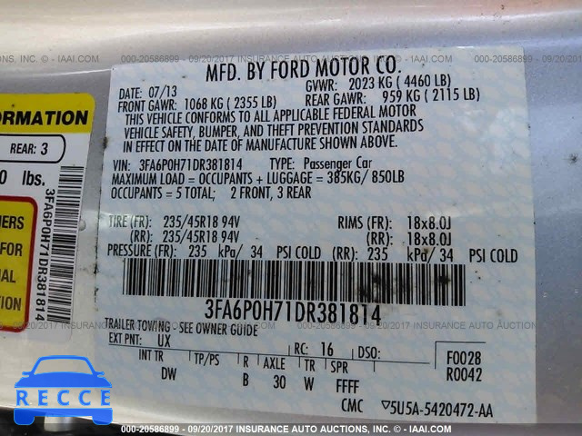 2013 Ford Fusion 3FA6P0H71DR381814 зображення 8