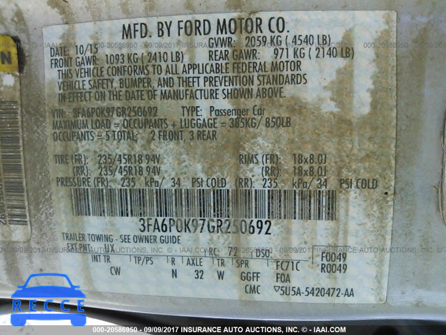 2016 Ford Fusion 3FA6P0K97GR250692 image 8