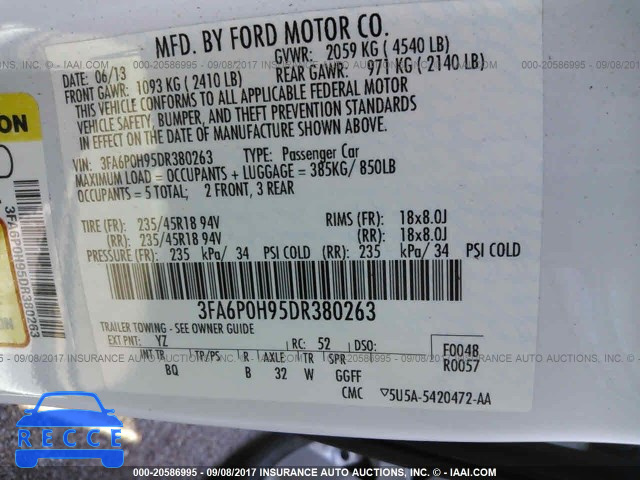 2013 Ford Fusion 3FA6P0H95DR380263 зображення 8
