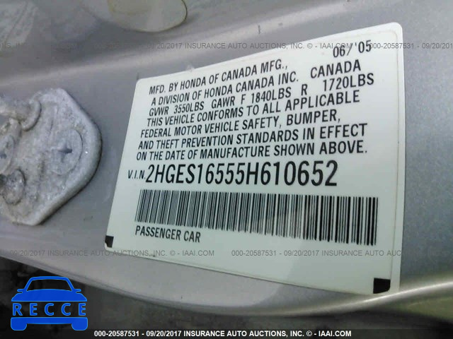 2005 HONDA CIVIC 2HGES16555H610652 image 8