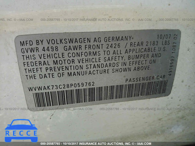 2008 Volkswagen Passat WVWAK73C28P059762 зображення 8