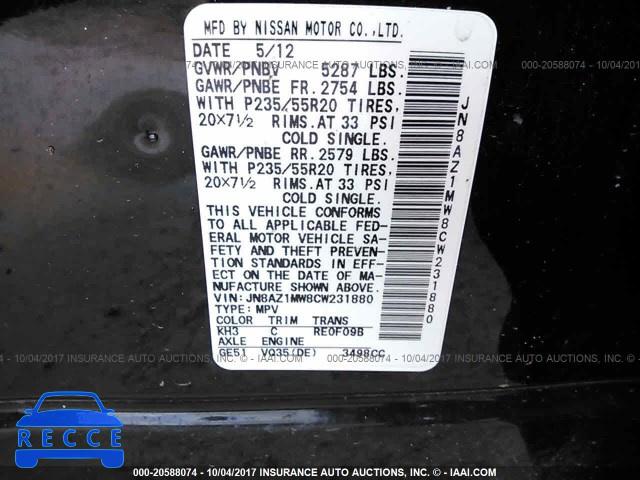 2012 Nissan Murano JN8AZ1MW8CW231880 image 8