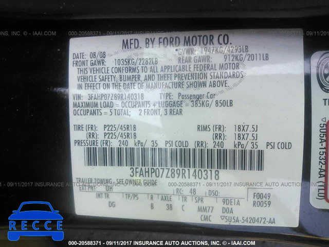 2009 Ford Fusion 3FAHP07Z89R140318 image 8