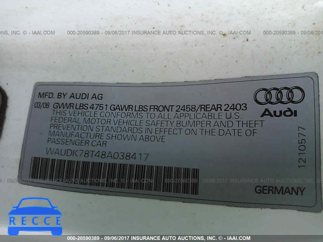 2008 Audi A5 WAUDK78T48A038417 image 8