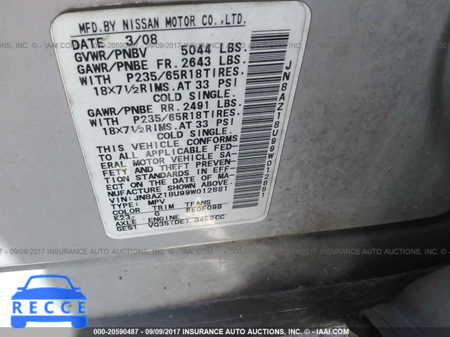 2009 Nissan Murano JN8AZ18U99W012881 image 8