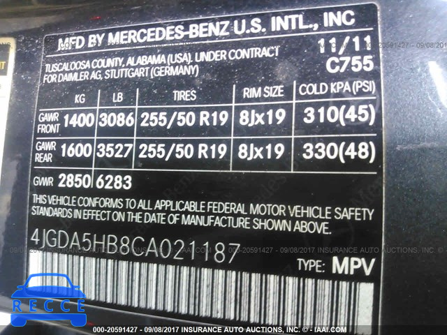 2012 Mercedes-benz ML 350 4MATIC 4JGDA5HB8CA021187 image 8