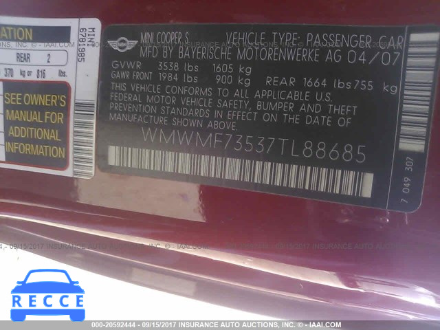 2007 Mini Cooper WMWMF73537TL88685 image 8