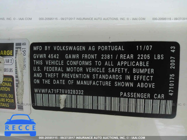 2008 Volkswagen EOS LUX WVWFA71F78V028332 image 8